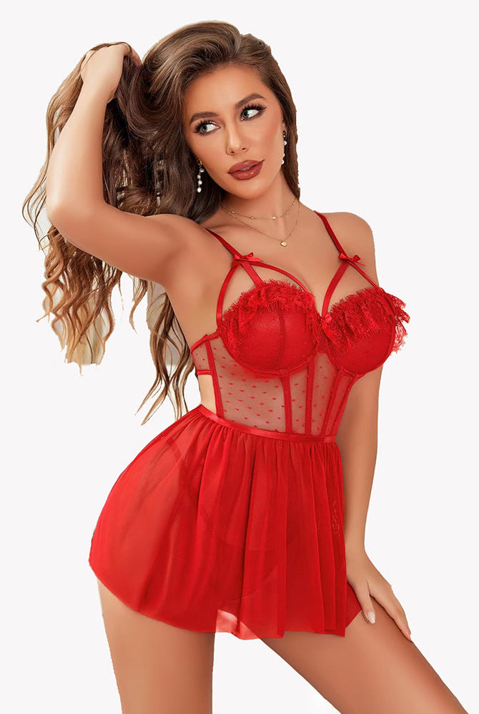 Mesh lace push-up nightgown, burgundy red with lace-trim cups and sheer dotted corset panel