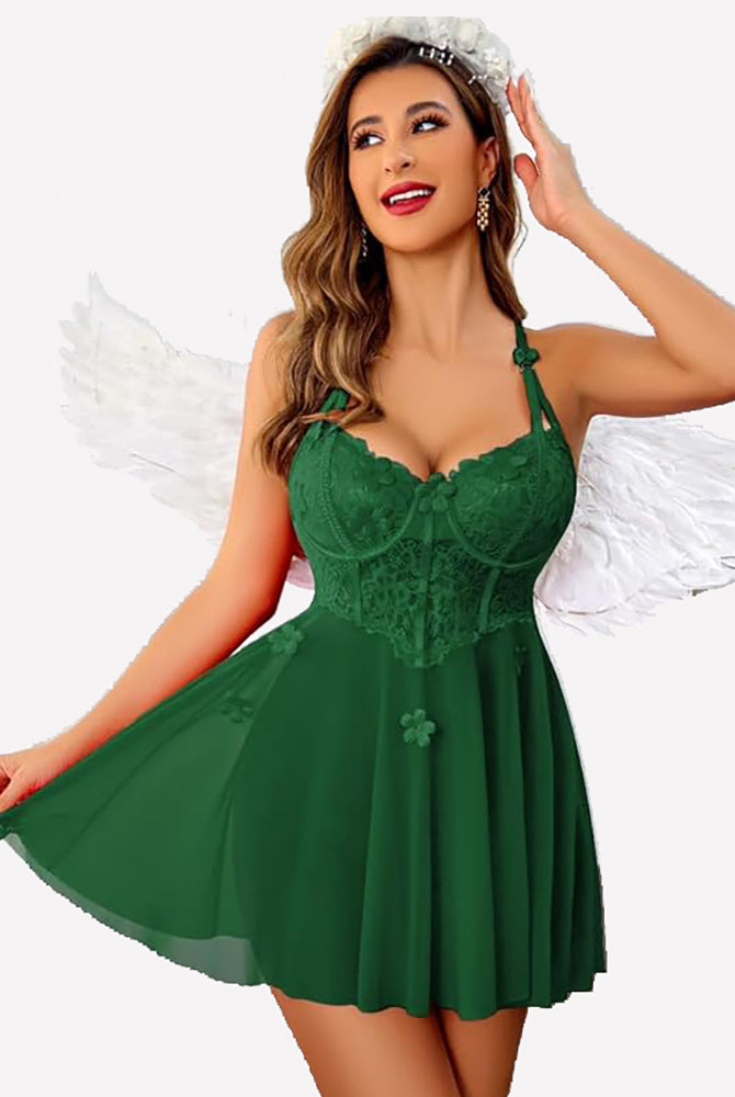 Green floral lace babydoll lingerie, angel wings. Boudoir style with sheer skirt and bow decor.