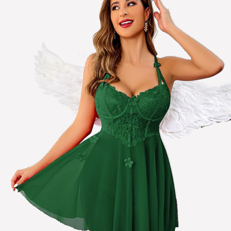 Green floral lace babydoll lingerie, angel wings. Boudoir style with sheer skirt and bow decor.