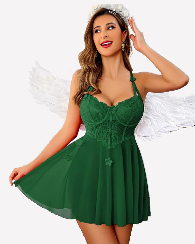 Green floral lace babydoll lingerie, angel wings. Boudoir style with sheer skirt and bow decor.