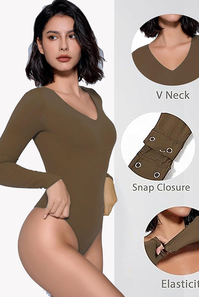 Brown long sleeve V-neck bodysuit with double-lined shapewear, Snap Closure, and high elasticity.