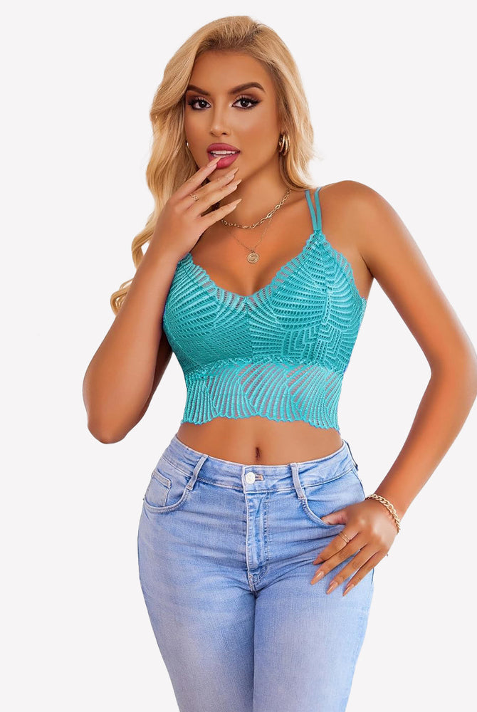 Teal lace Avidlove V-neck crop top with scalloped edge, model in jeans, sexy lingerie