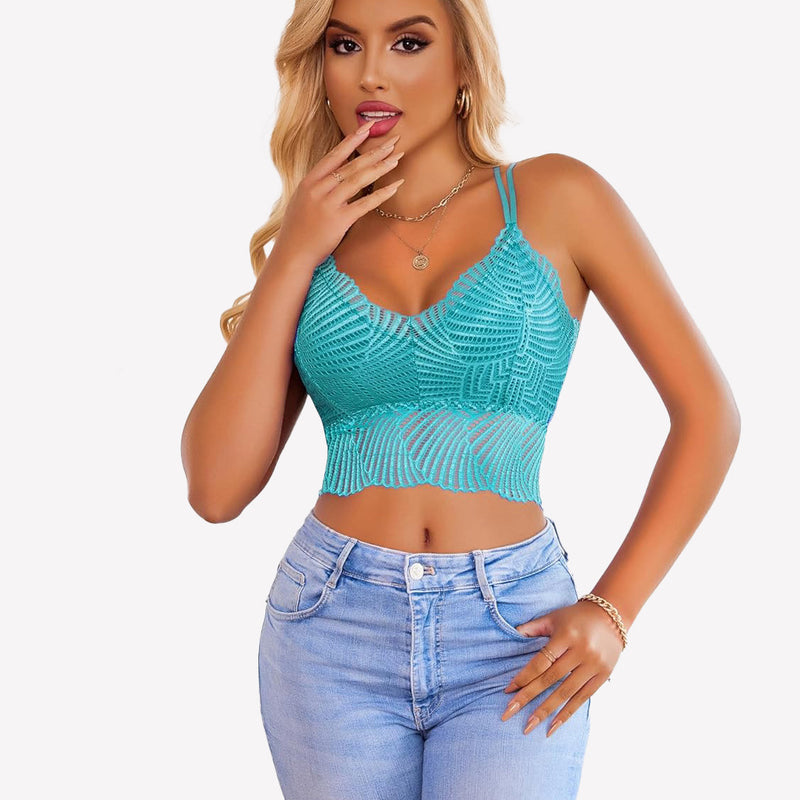 Teal lace Avidlove V-neck crop top with scalloped edge, model in jeans, sexy lingerie