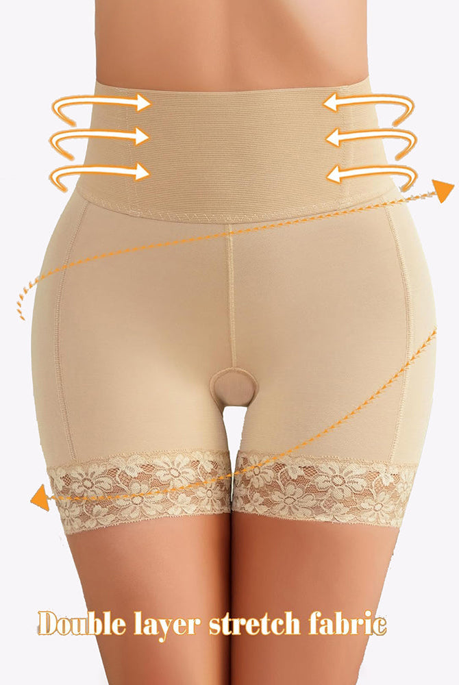 Beige high-waisted shapewear shorts with lace trim, tummy control, and smoothing effect