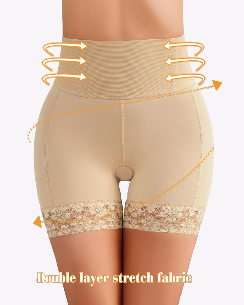 Beige high-waisted shapewear shorts with lace trim, tummy control, and smoothing effect