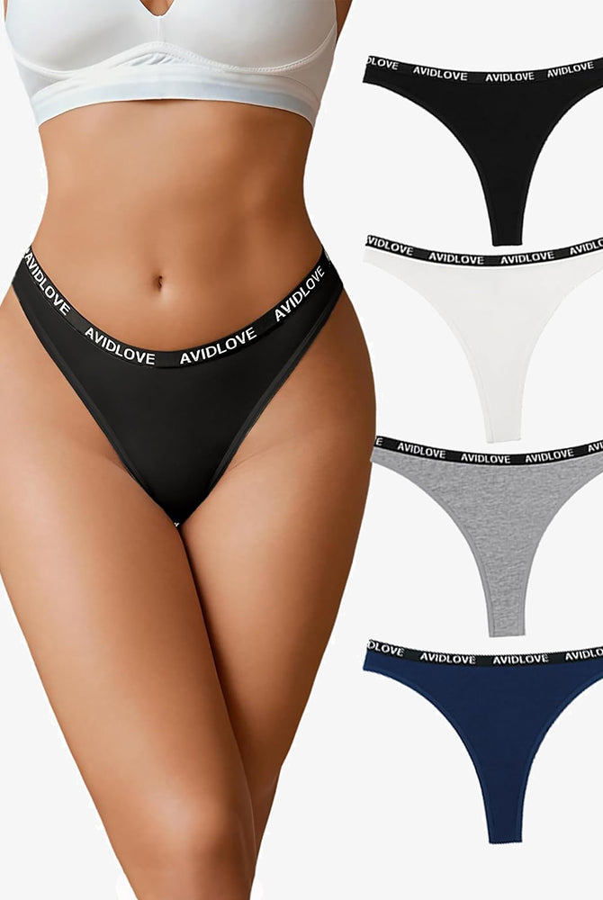 Avidlove low-rise cotton thong panties in black, white, gray, and blue with the Avidlove logo.