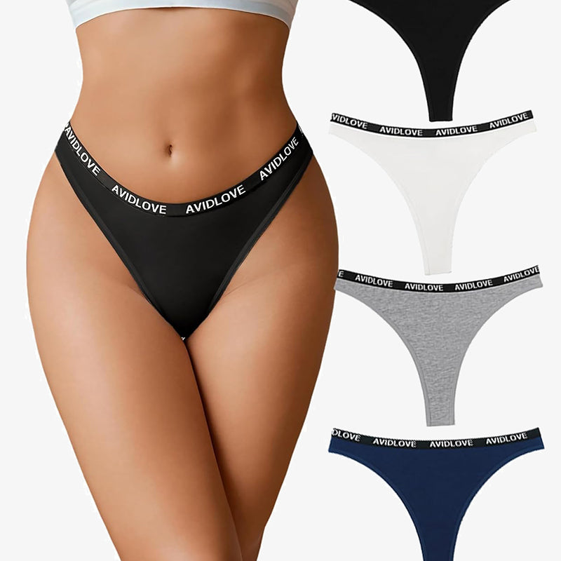 Avidlove low-rise cotton thong panties in black, white, gray, and blue with the Avidlove logo.