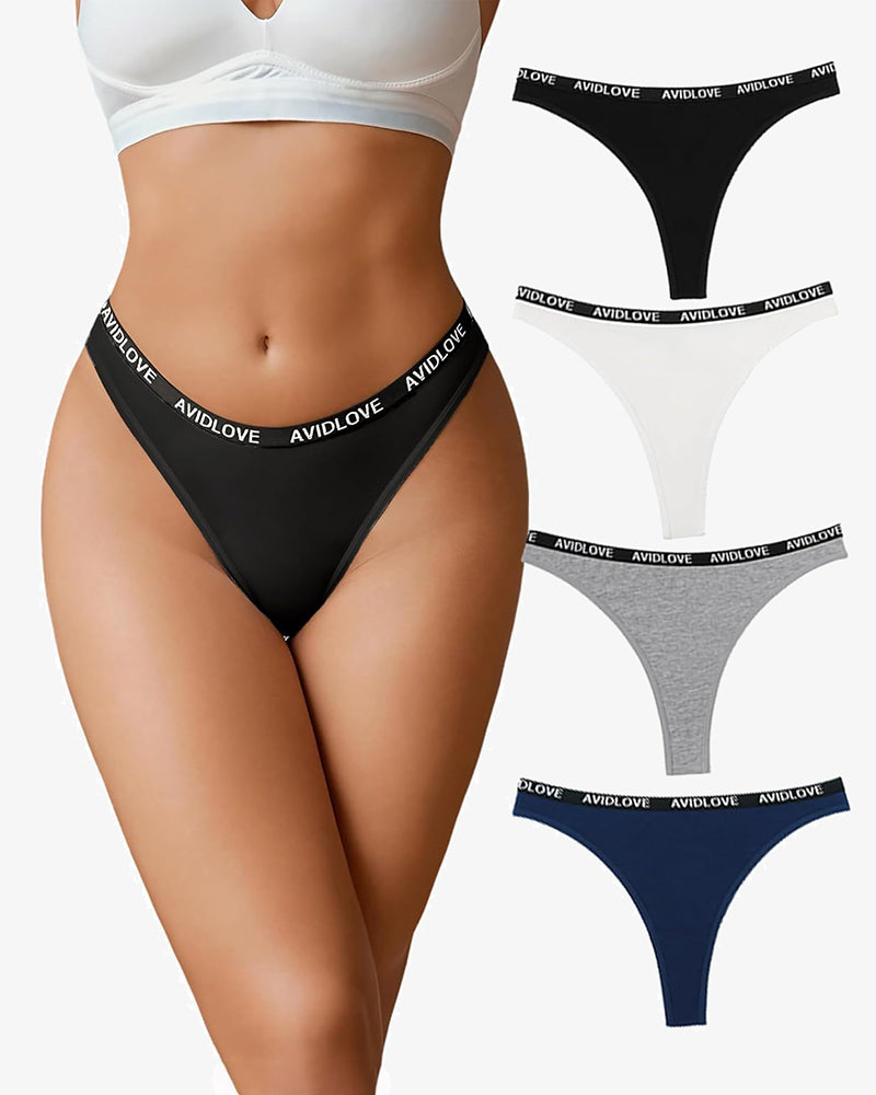Avidlove low-rise cotton thong panties in black, white, gray, and blue with the Avidlove logo.