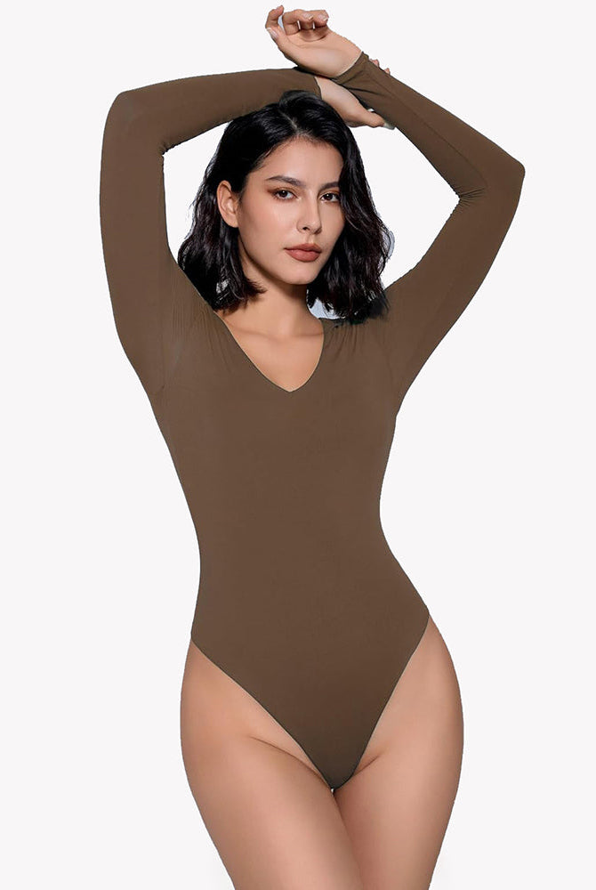Brown long sleeve V-neck bodysuit, enhancing curves, double-lined shapewear for a confident look.