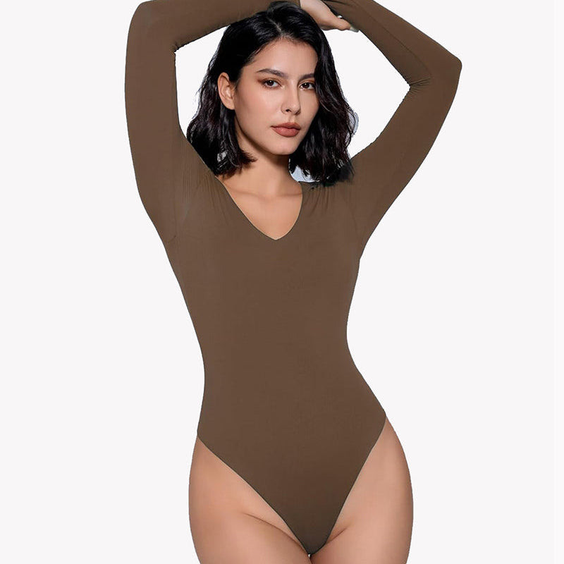 Brown long sleeve V-neck bodysuit, enhancing curves, double-lined shapewear for a confident look.