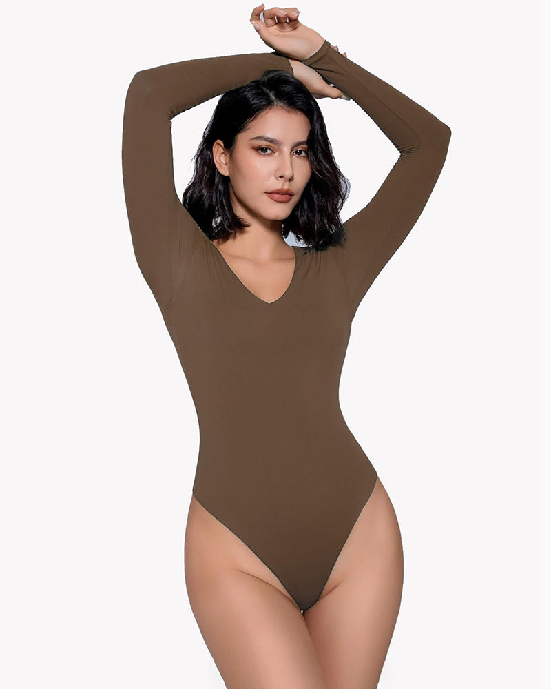 Brown long sleeve V-neck bodysuit, enhancing curves, double-lined shapewear for a confident look.