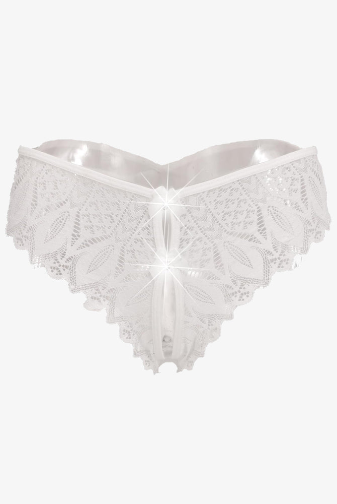 White lace Criss Cross hipster underwear with satin waistband and floral lace detail