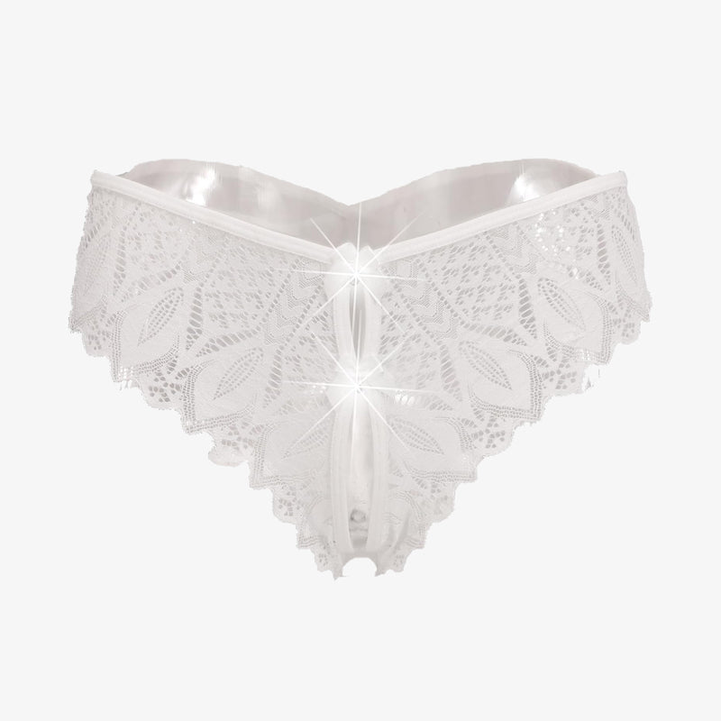 White lace Criss Cross hipster underwear with satin waistband and floral lace detail