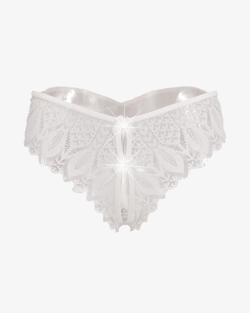 White lace Criss Cross hipster underwear with satin waistband and floral lace detail