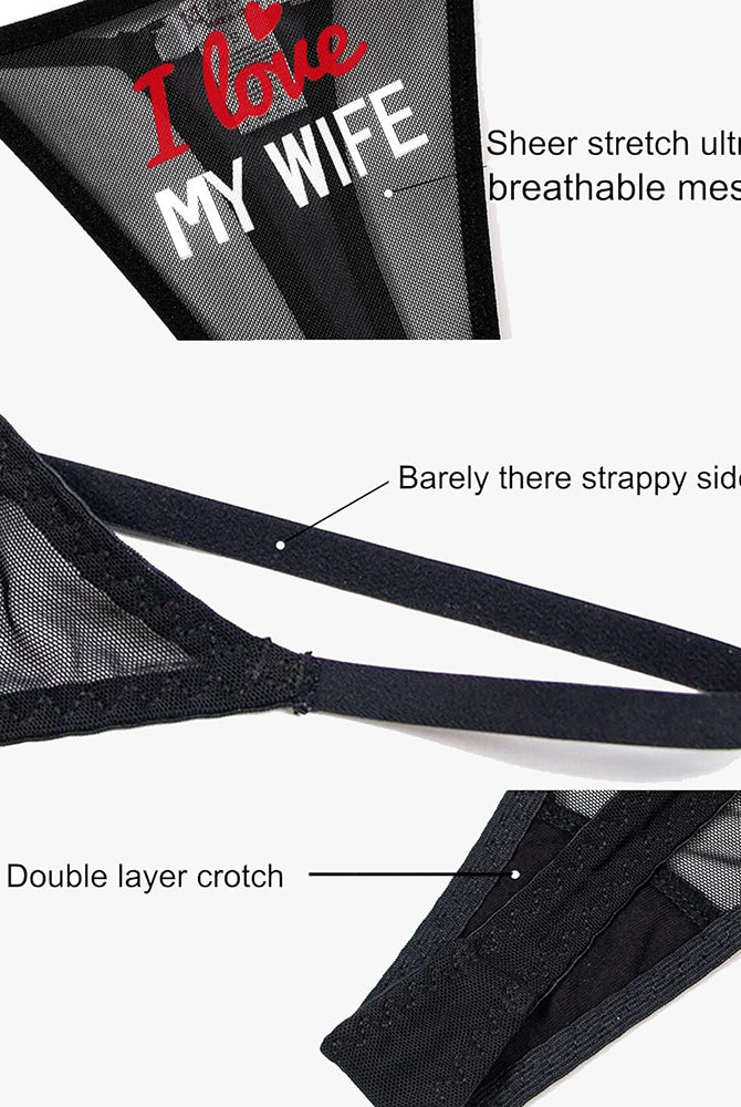 Black mesh "I Love My Wife" thong panties, sheer breathable fabric, low rise, sexy lingerie.