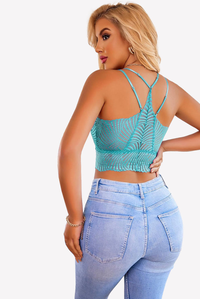 Avidlove teal lace V-neck racerback crop top with jeans. Adjustable straps and sexy lingerie.