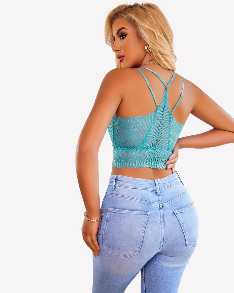 Avidlove teal lace V-neck racerback crop top with jeans. Adjustable straps and sexy lingerie.