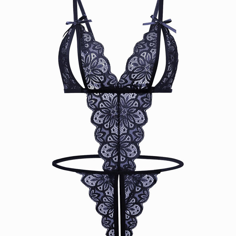 Black lace bodysuit, deep V-neck, backless, open cup, bow detail, floral lace, sexy lingerie