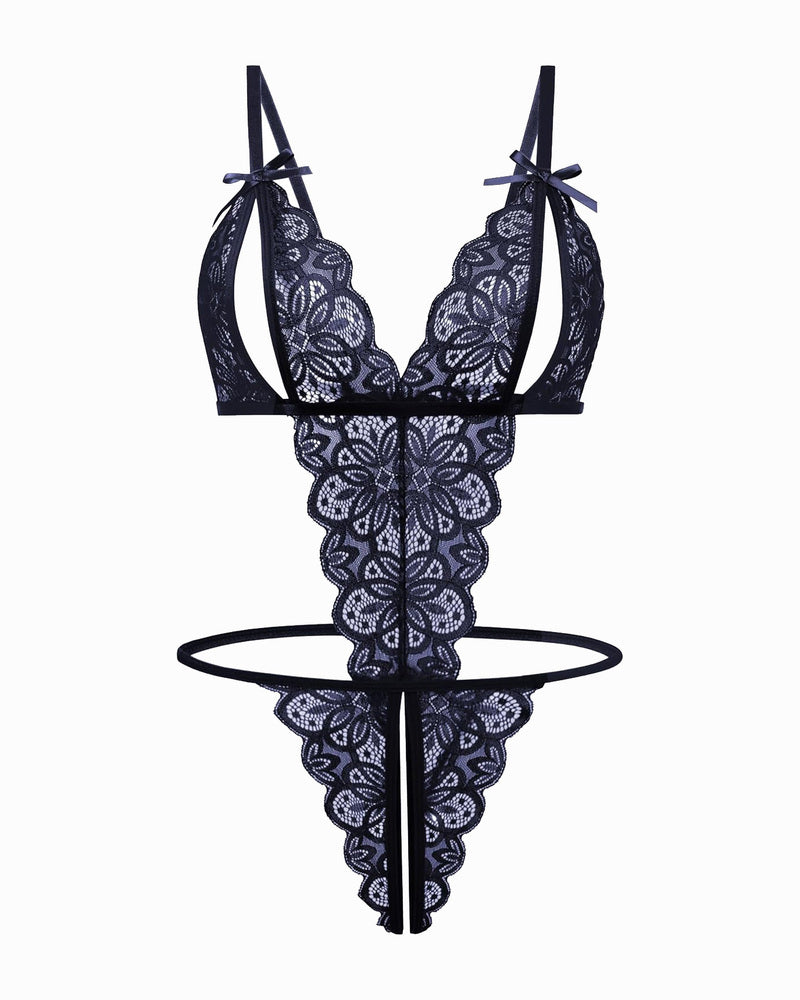 Black lace bodysuit, deep V-neck, backless, open cup, bow detail, floral lace, sexy lingerie