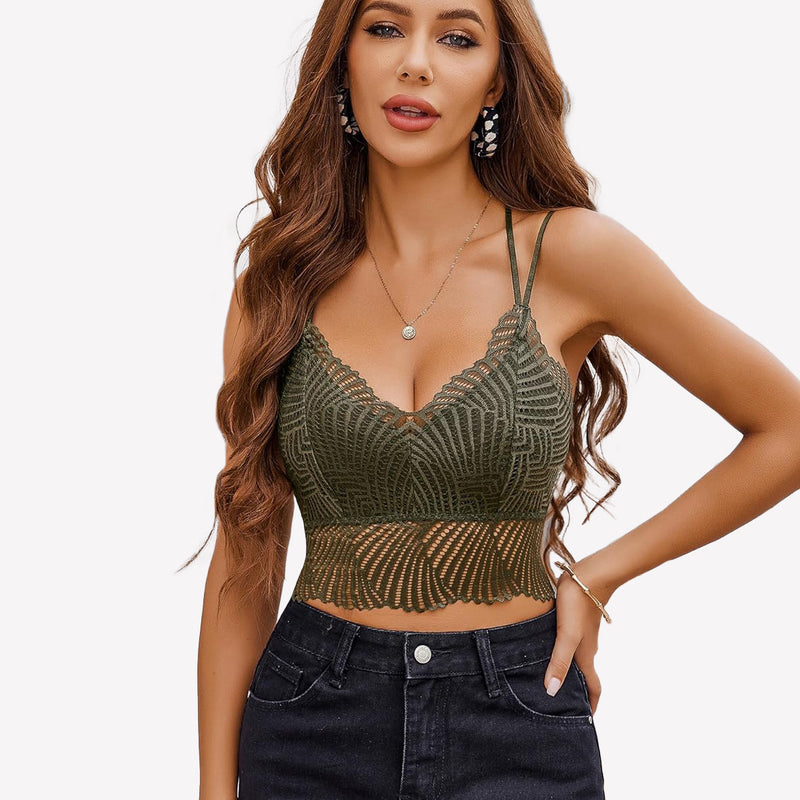 Avidlove green lace V-neck racerback crop top with adjustable straps, model in jeans