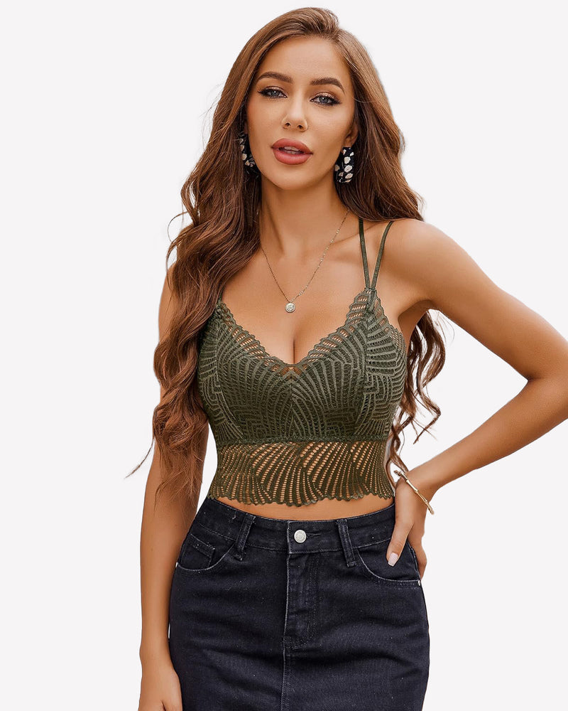 Avidlove green lace V-neck racerback crop top with adjustable straps, model in jeans