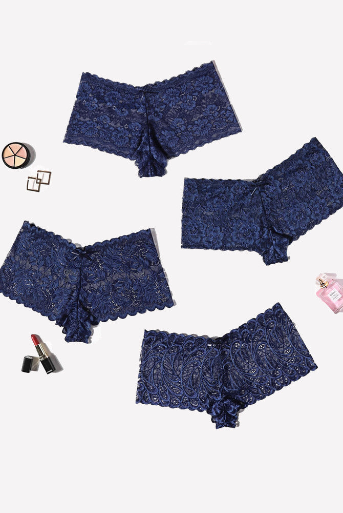 Navy blue floral lace Avidlove mid-rise panties set; soft, stretchy fabric, delicate lace trim