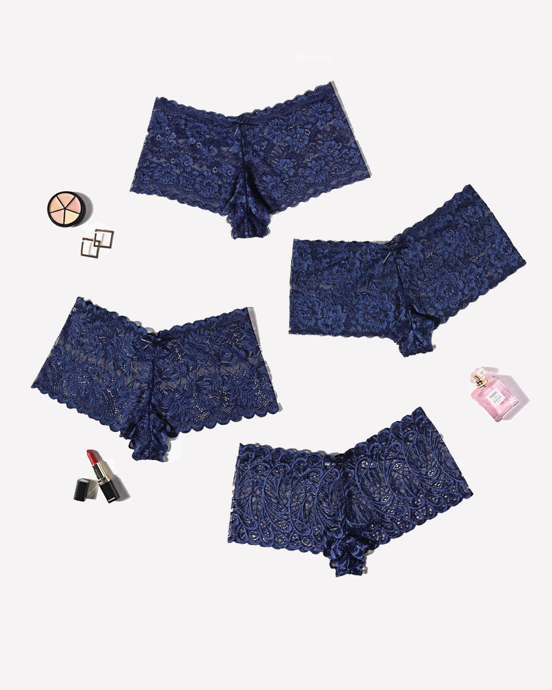 Navy blue floral lace Avidlove mid-rise panties set; soft, stretchy fabric, delicate lace trim