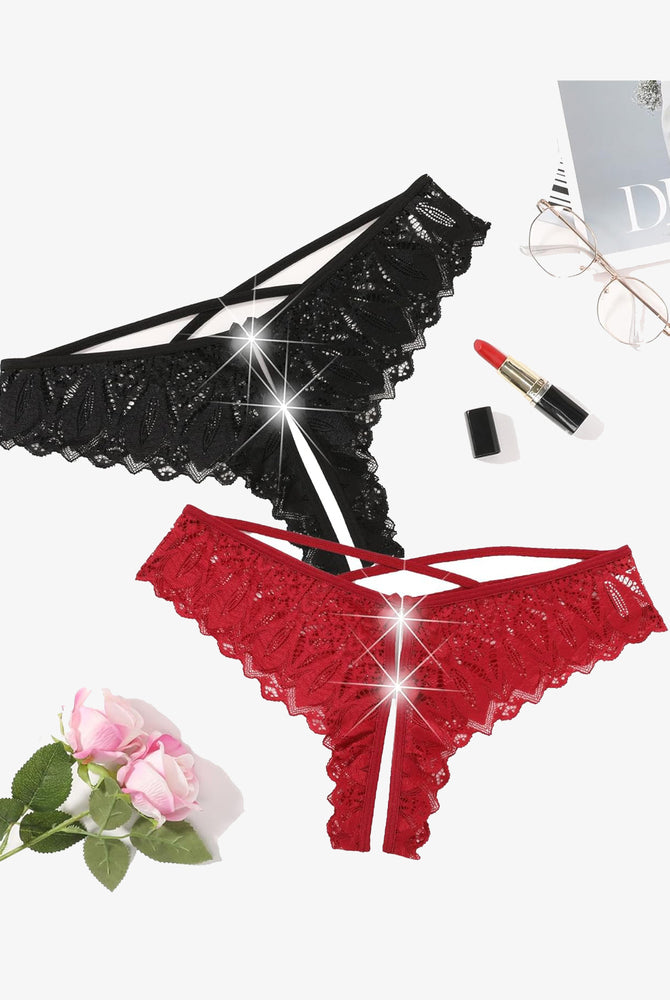 Black and red lace Avidlove Criss Cross Hipster Underwear. Sexy lingerie with cross-strap detail.