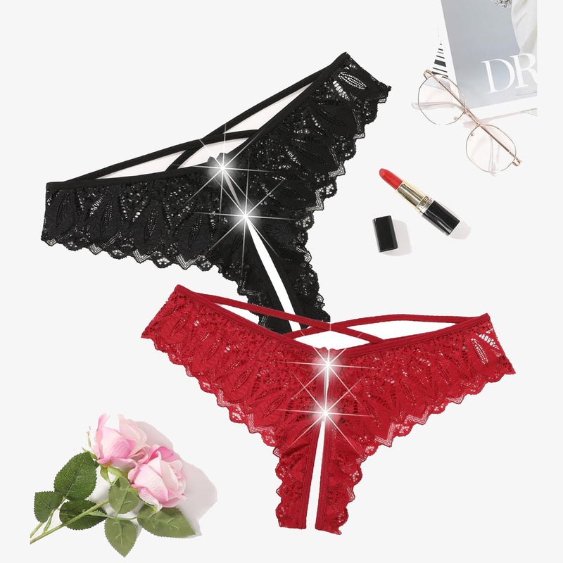 Black and red lace Avidlove Criss Cross Hipster Underwear. Sexy lingerie with cross-strap detail.