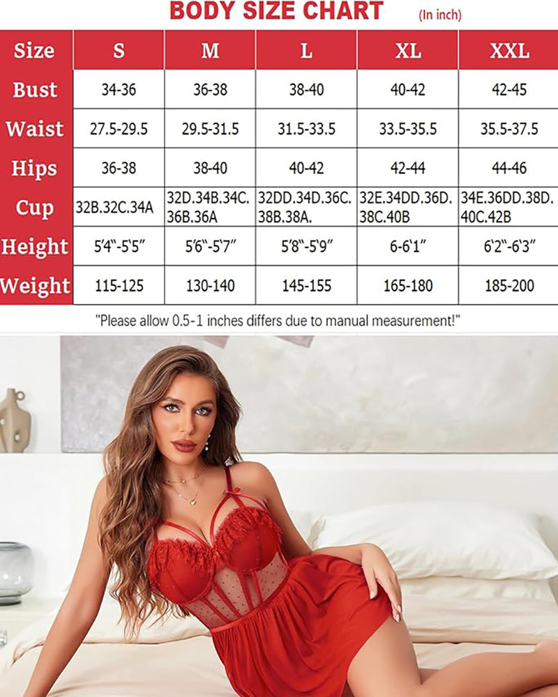 Red lace mesh chemise nightgown with underwire, size chart. Sexy see-through design for women