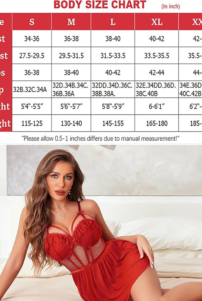 Red mesh lace push-up babydoll nightgown with lace cups, vertical panels, and straps