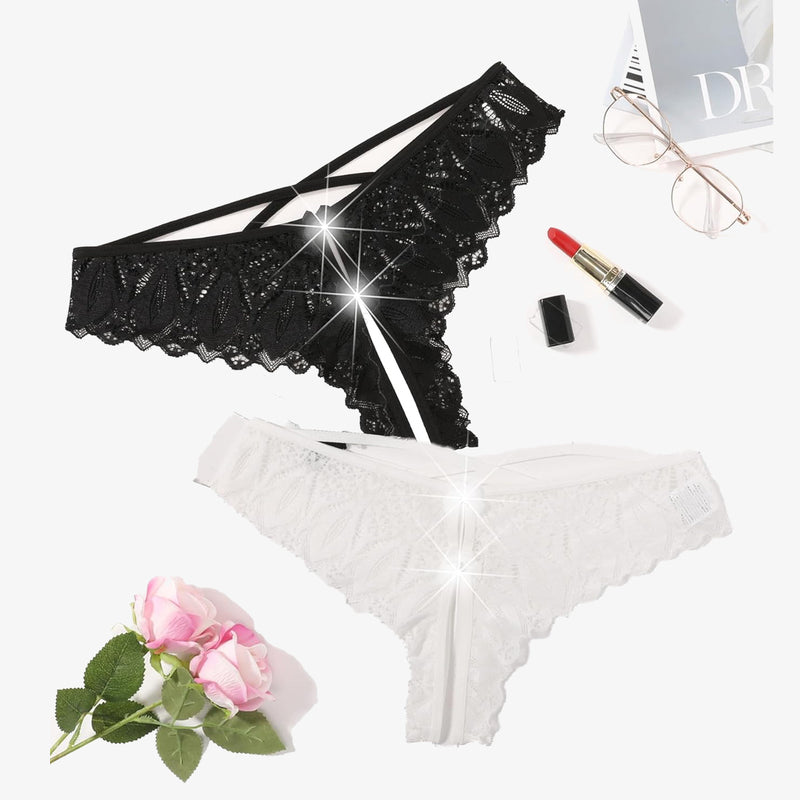 Avidlove Criss Cross String Hipster Underwear in black and white lace, featuring cross-strap design