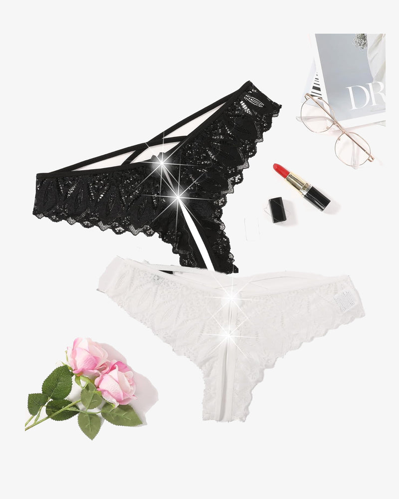Avidlove Criss Cross String Hipster Underwear in black and white lace, featuring cross-strap design