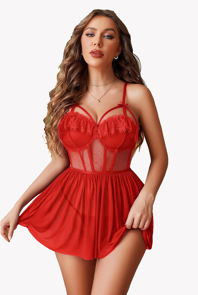 Red mesh chemise nightgown with lace push-up cups, sheer bodice, short skirt