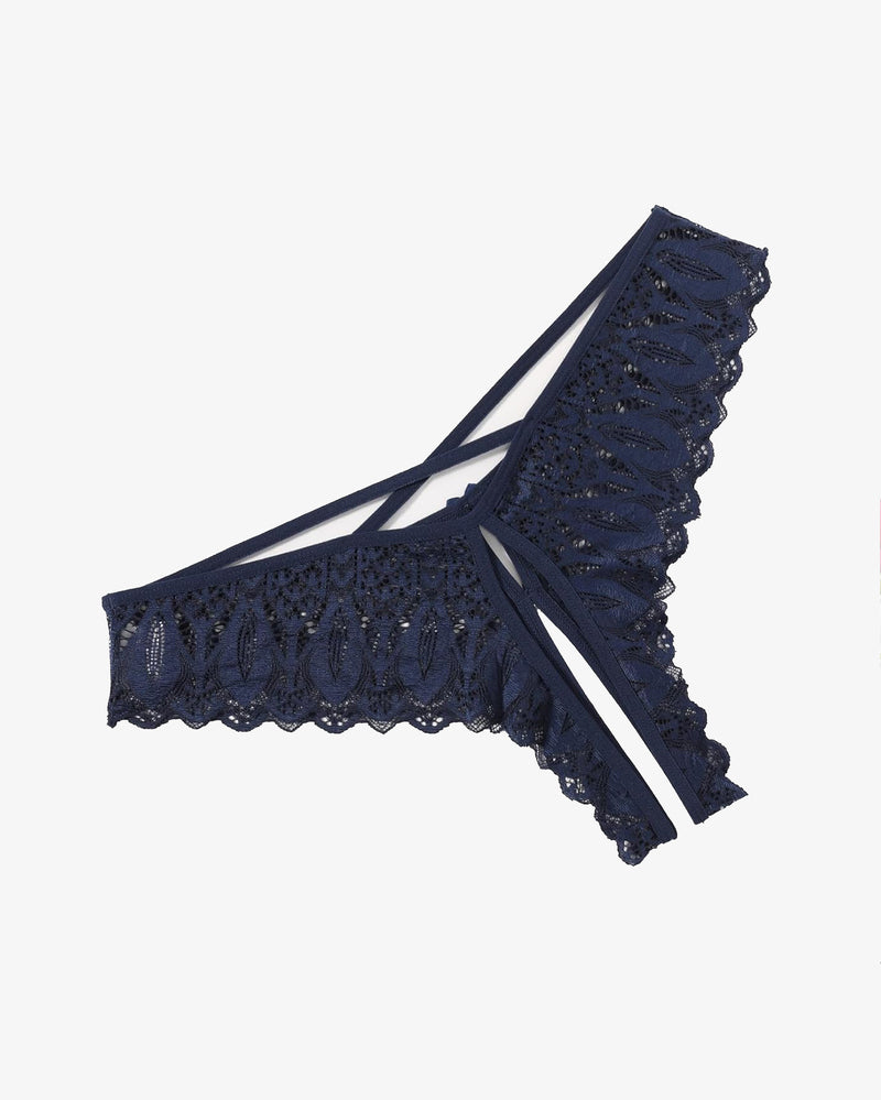 Avidlove Navy Blue Lace Criss Cross Hipster Underwear with Cross-Strap Back