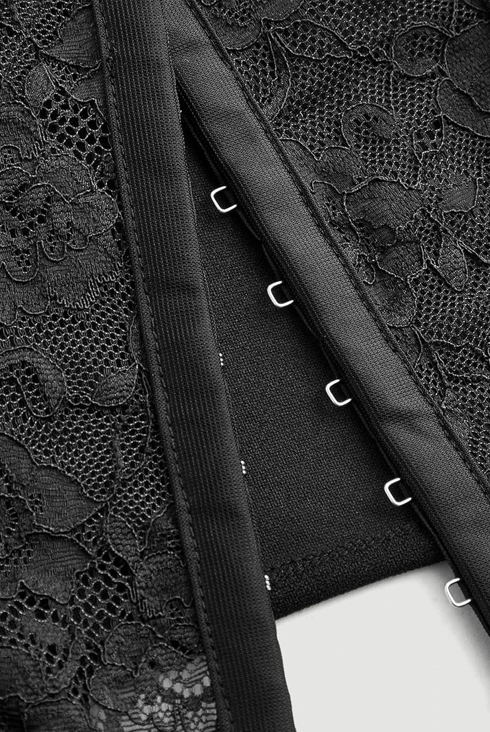 Black lace crop top with long sleeves featuring floral lace and hooks, a sexy and comfortable look