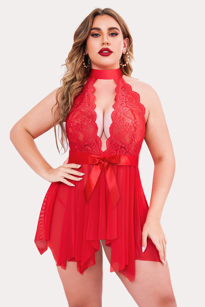Plus Size Red Lace Babydoll Lingerie with Halter Neck, Satin Bow and Mesh Skirt