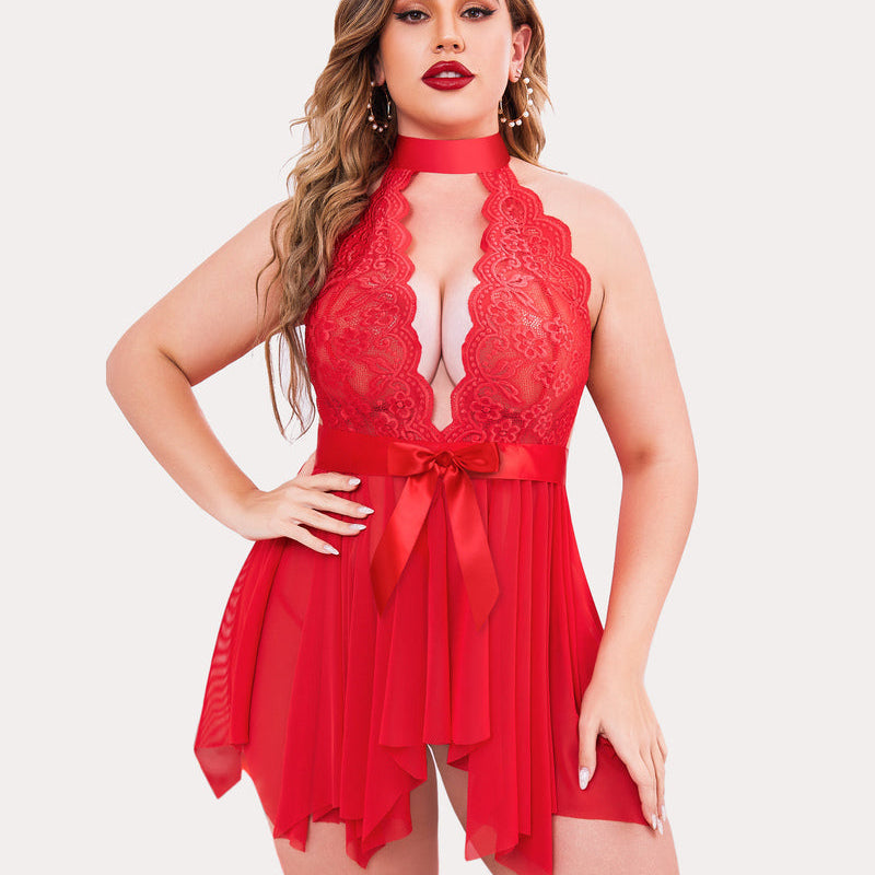 Plus Size Red Lace Babydoll Lingerie with Halter Neck, Satin Bow and Mesh Skirt