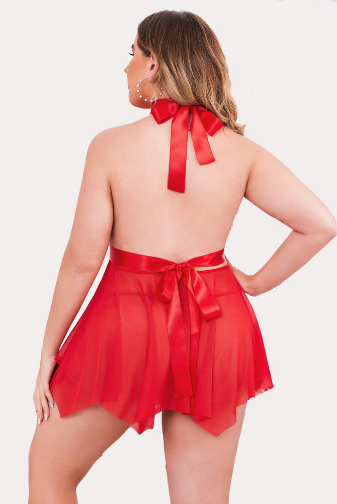 Plus size red babydoll lingerie set with halter neck, satin ribbon, and mesh skirt