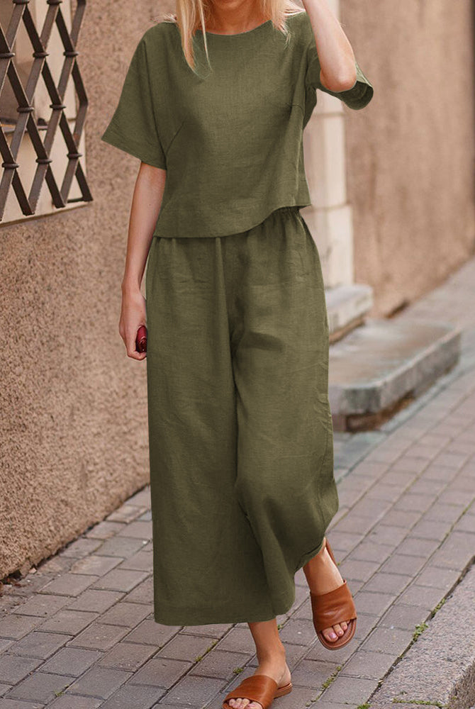 Loose fit two piece set: army green short-sleeve top and wide-leg cropped pants