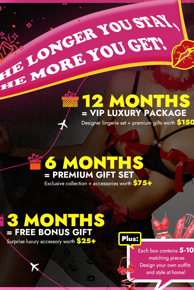 Lingerie subscription box promo showing 12-, 6-, and 3-month luxury package tiers