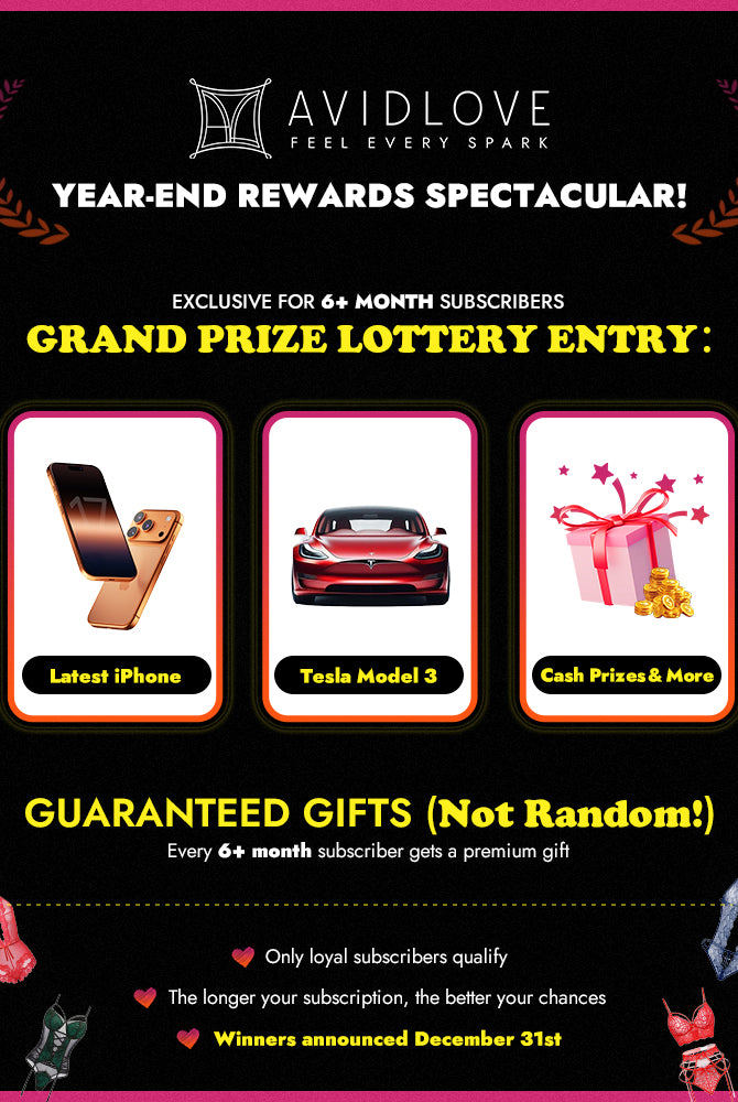 Lingerie subscription box promo for Avid Love year-end rewards with prize lottery cards