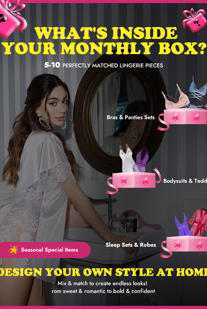 Lingerie subscription box promo showing matched lingerie pieces, bras and panties sets