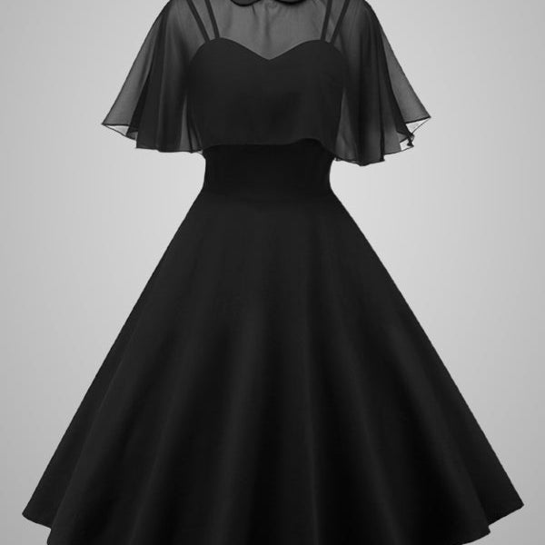 Black Witch Dress: Retro 1950s vintage style dress with spaghetti straps and chiffon cape