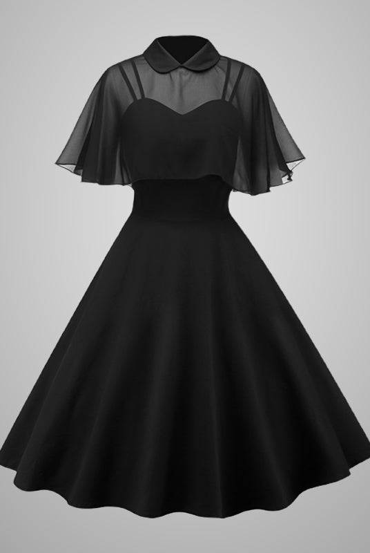 Black Witch Dress: Retro 1950s vintage style dress with spaghetti straps and chiffon cape