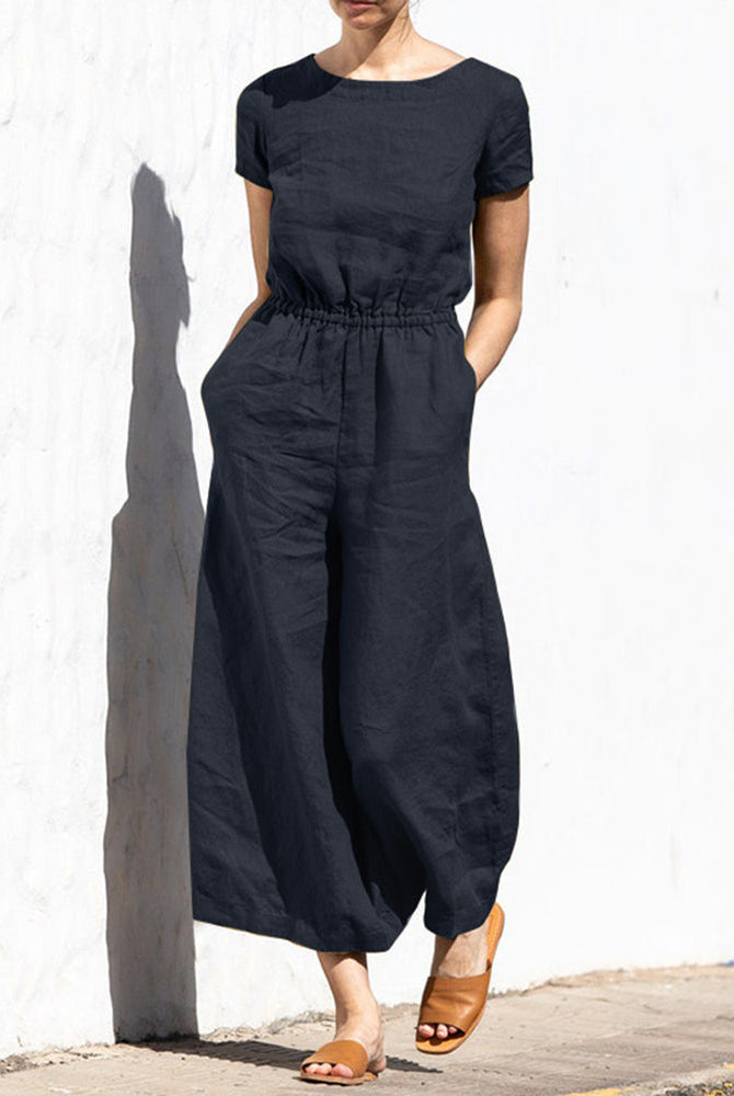 Navy cotton linen wide leg jumpsuit. Casual style, elastic waist, perfect for daily wear.