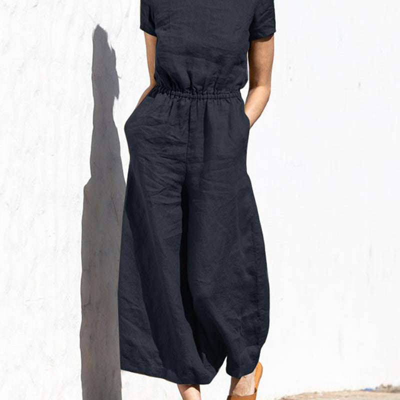 Navy cotton linen wide leg jumpsuit. Casual style, elastic waist, perfect for daily wear.
