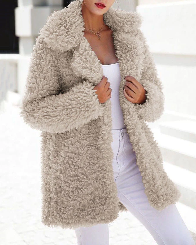 Beige oversized fleece teddy jacket for women, plush material, casual style, perfect for daily wear