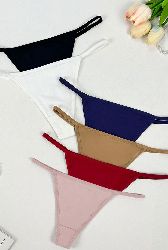 Low-rise thong panties set in multiple colors: black, white, navy, red, and blush.