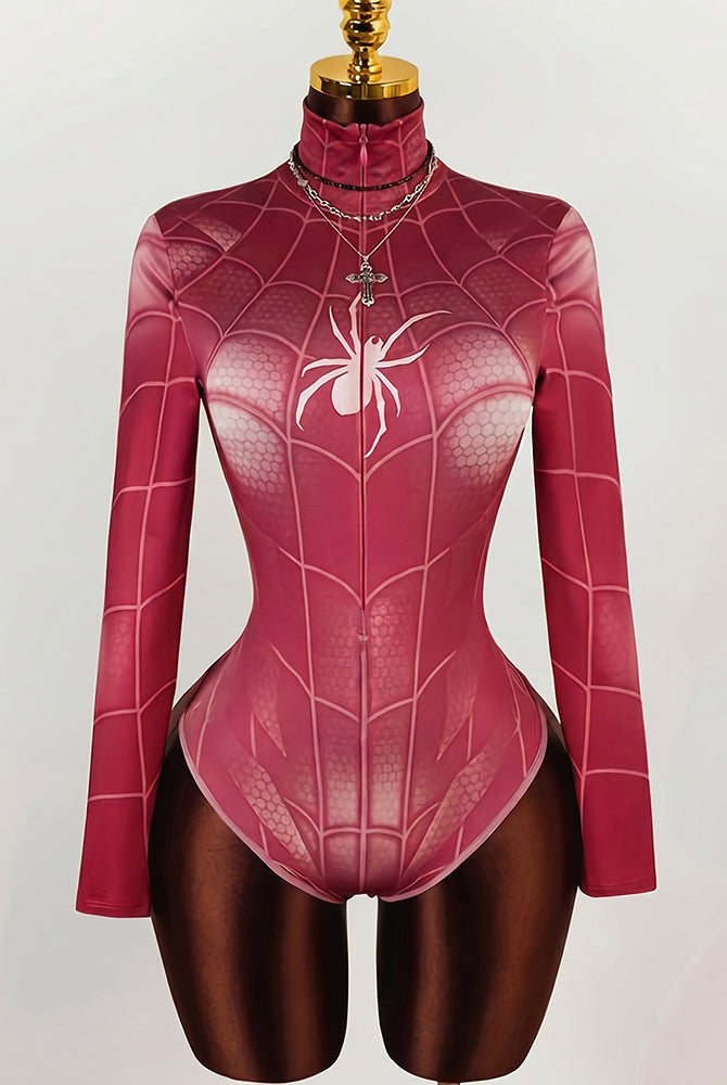 Pink spider web long-sleeve bodysuit with white spider graphic and front zipper seam.